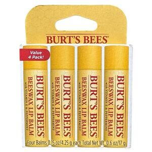 Burts Bees Lip Balms Original Flavor Box Of 4 Beeswax Vitamin E & Peppermint Oil